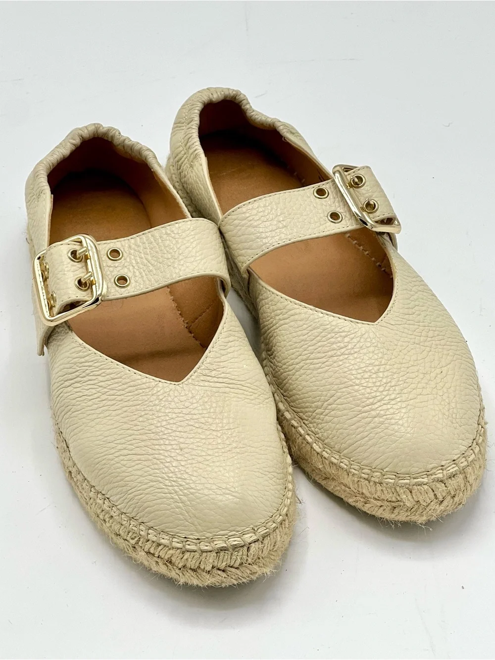Buckle Beige Pebbled Leather Jutelia Mary Jane espadrilles Made In Spain Sz40/9